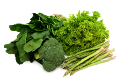 Eat your greens ~ spinach, broccoli, curly lettuce and asparagus. Healthy eating.